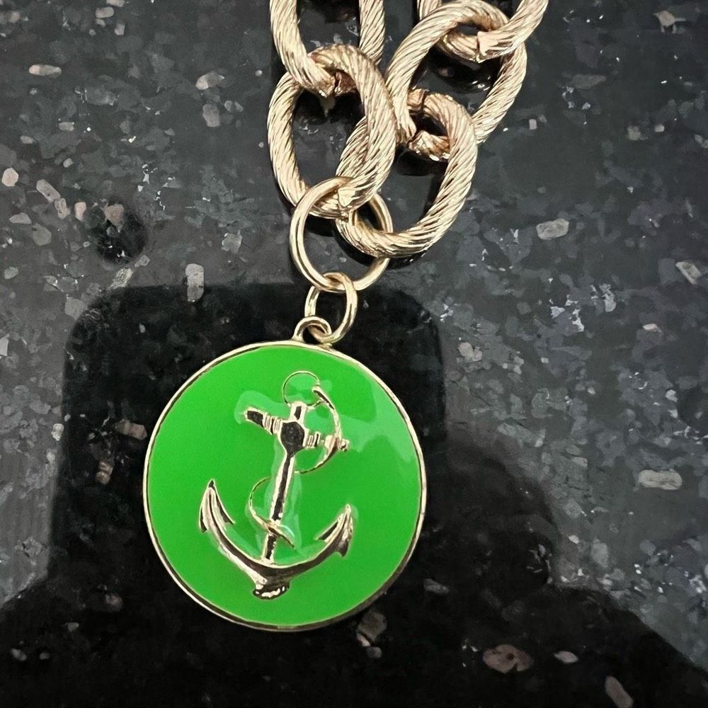 Gold tone chain with green enamel anchor pendant necklace - Picture 7 of 11